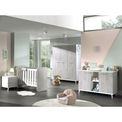 Baby room Stef with baby bed, chest of drawers, 3-door wardrobe and bedside table - Structure white/ribbeck oak