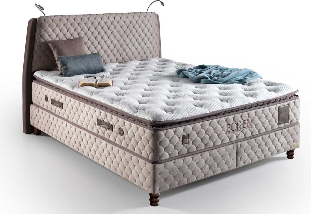Bambi Borjen - Bed Boxspring Set - Complete Boxspring - 140 x 200 - Slaapkamerbed - 1 x Matras - 2 x Bedlade - 1 x Bedhoofdeinde - Bed met Opbergruimte - Lichtbruin