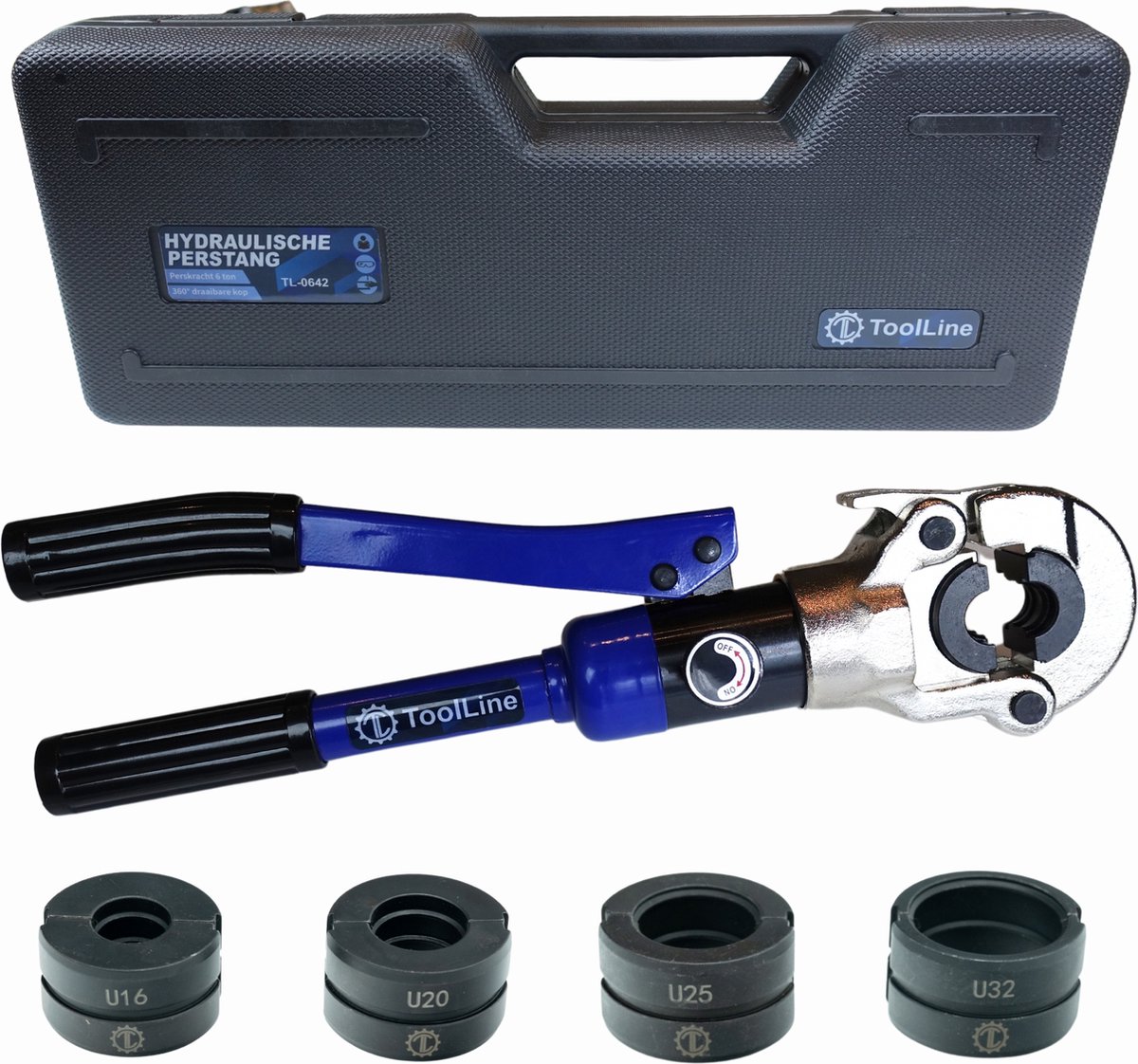 ToolLine® - Perstang U-set (hydraulisch) - 4 gehard stalen U16 - U20 - U25 - U32 persbekken - Perstang waterleiding - Perstang geschikt voor VSH Multipress - Perstang voor persfitting - Perstang loodgieter - Krimptang